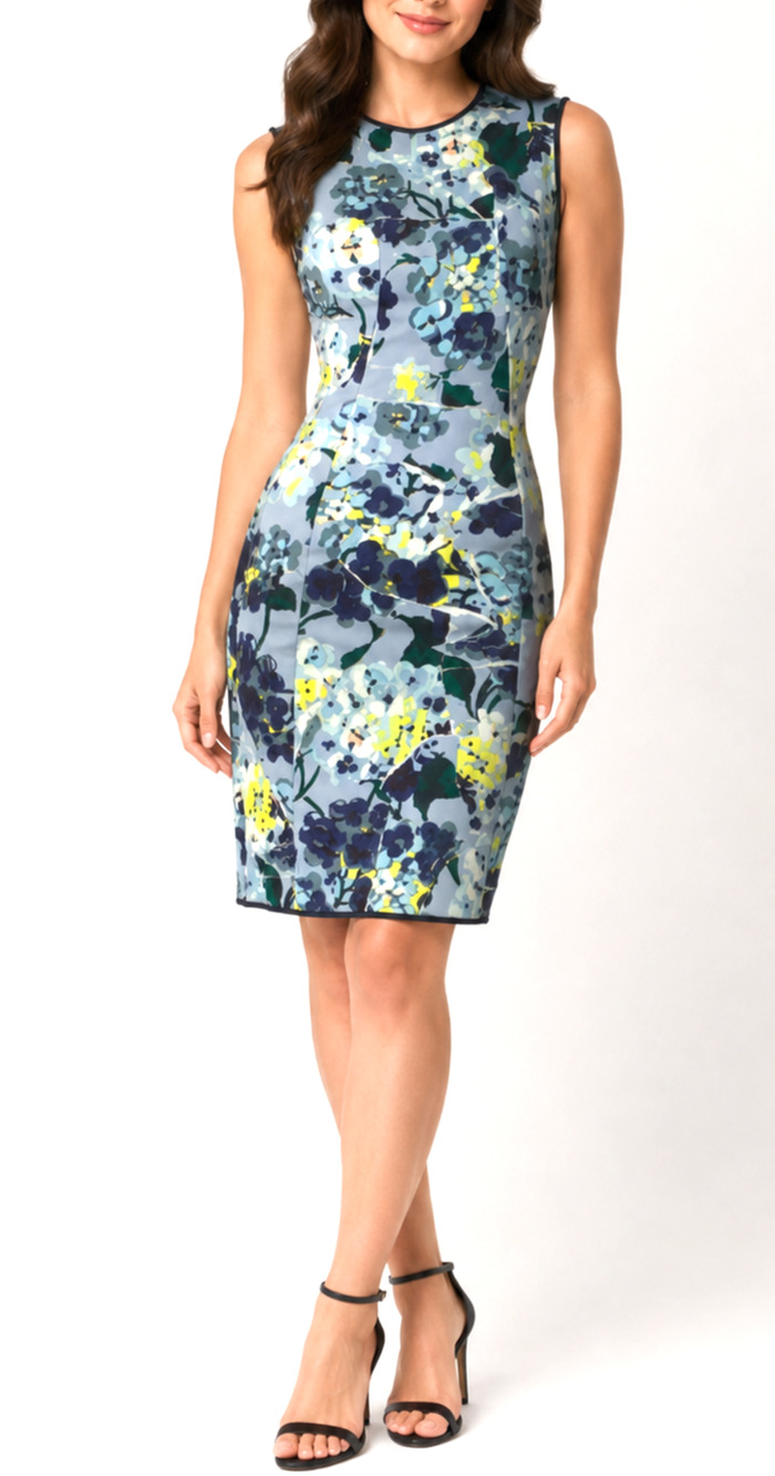 Erdem Maura Floral Light Blue Sleeveless Dress Bodycon Scuba Sheath Knee Crew S